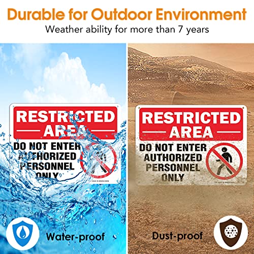 Restricted Area Do Not Enter Authorized Personnel Only Sign - 4 Pack - 10 x 7 Inches Rust Free .040 Aluminum - UV Protected, Waterproof, Weatherproof and Fade Resistant - 4 Pre-drilled Holes - color: Red - 10" x 7" - 4 Pack