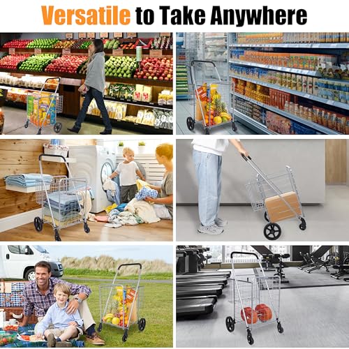 Whitmor Utility Folding Shopping Cart, 115L Heavy Duty Grocery Cart with Double Basket, 360° Swivel Wheels, Foldable Rolling Utility Trolley, 110 Lbs Capacity for Grocery, Laundry, Travel, Sliver - size: 21.29"L x 21.65"W x 36.2"H, Sliver