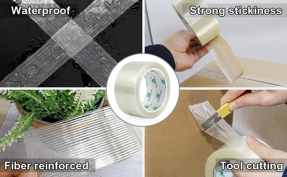 BOMEI PACK 1 Roll 5.5mil x 2Inch x 25yds Mono Filament Strapping Tape Heavy Duty Transparent Reinforced Fiberglass Tape