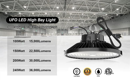UFO 150W Led High Bay Shop Light Bulb 5000k,Dimmable 22500 Lumens (600W HID/HPS Equivalent) Bright White, Industrial Highbay Warehouse Light Fixtures, AC 90-277V Waterproof IP65 4Pack
