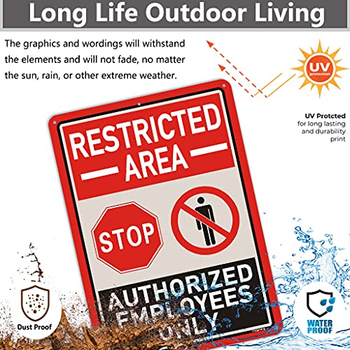 2 Pack Restricted Area Sign Authorized Employees Only 14 x 10 Inches Stop Do Not Enter Metal Reflective Rust Aluminum Weatherproof UV Protected Easy Mounting Indoor Outdoor Use