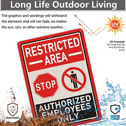 2 Pack Restricted Area Sign Authorized Employees Only 14 x 10 Inches Stop Do Not Enter Metal Reflective Rust Aluminum Weatherproof UV Protected Easy Mounting Indoor Outdoor Use