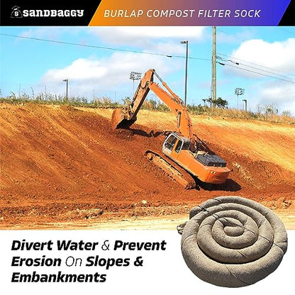 Sandbaggy Empty Compost Filter Sock | Sediment & Erosion Control Tubular Device | Wattles, Logs & Composite Socks | 100% Biodegradable Burlap | Meets DOT Requirements (1, 12 inch x 22 ft)