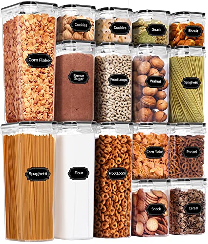 PRAKI Airtight Food Storage Containers Set, 16 Pcs BPA Free Plastic Dry Food Canisters for Kitchen Pantry Organization and Storage Ideal for Cereal, Flour & Sugar - Labels, Marker(Black) - color: Black-16 Piece