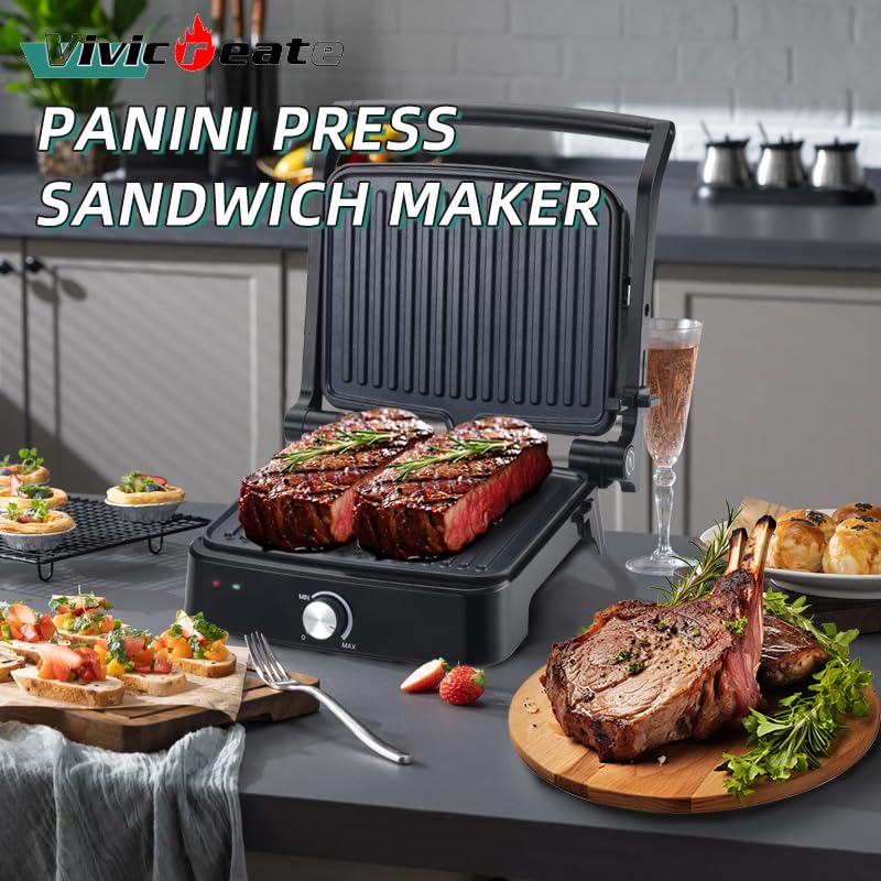 Vivicreate Panini Press Grill 1500W Sandwich Maker with Removable Nonstick Plates Adjustable Temperature 180 Degree Opening Indoor Electric Grill for Panini Sandwich Steak Burgers Breakfast (1 Knob)