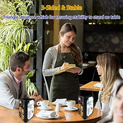 Leather Table Tent Leather Menu Holder Sign Display Black Menu Covers for Cafes Bars or Restaurant for 4×6 Inch Menus 3 sided triangle shape table tent 1 pack - size: 1 pack/ 4" × 6"/3-side