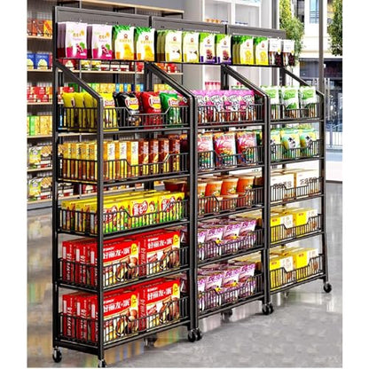 5 Tier Retail Display Racks, Freestanding Snack Rack Display Stand with 15 Hooks & 4 Wheels, Metal Snack Shelf Organizer for Supermarket Retail Store Commercial Kitchen Office, Black - size: 5Tier/10.63"D X 23.62"W X 64.96"H