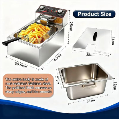 Commercial Deep Fryer with Timer, 10.6QT/10L Electric Countertop Deep Fryer 1800W 110V, Heavy Duty Stainless Steel Small Tank Oil Fryer for Restaurant Food Truck Small Business