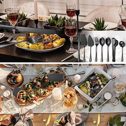 AARAINBOW Exquisite 8 Pieces Serving Utensils Set, Stainless Steel Serving Utensils Large Hostess Serving Set with Serving Spoons, Serving Tongs, Serving Fork, Cake Knife for Parties Buffet (8 Black)… - color: Black