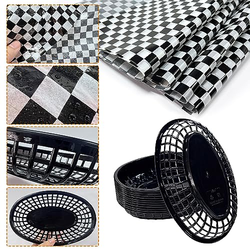 Rainmae Plastic Food Baskets with Parchment Paper Liners, 12 Fast Food Baskets with 120 Deli Paper Sheets, Bread Basket, Candy Fruits basket, Fast Food Baskets, Restaurant Baskets for Food-Retro Style - color: Black(12 Pcs+120 Deli Paper）