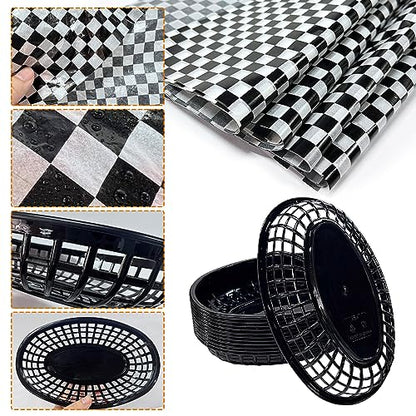 Rainmae Plastic Food Baskets with Parchment Paper Liners, 12 Fast Food Baskets with 120 Deli Paper Sheets, Bread Basket, Candy Fruits basket, Fast Food Baskets, Restaurant Baskets for Food-Retro Style - color: Black(12 Pcs+120 Deli Paper）