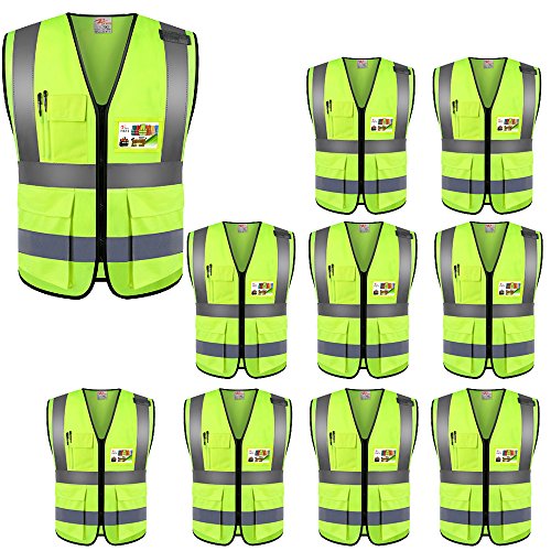 zojo High Visibility Reflective Safety Vest with Multi Pockets 10 Pack Bulk - color: Neon Yellow, size: XX-Large