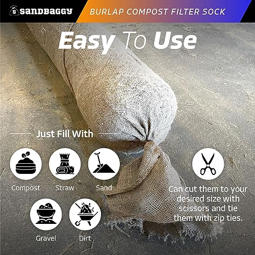 Sandbaggy Empty Compost Filter Sock | Sediment & Erosion Control Tubular Device | Wattles, Logs & Composite Socks | 100% Biodegradable Burlap | Meets DOT Requirements (1, 12 inch x 22 ft)