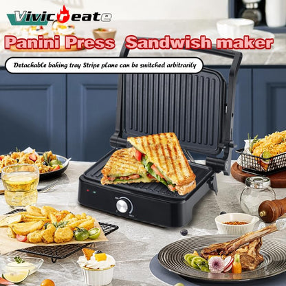 Vivicreate Panini Press Grill 1500W Sandwich Maker with Removable Nonstick Plates Adjustable Temperature 180 Degree Opening Indoor Electric Grill for Panini Sandwich Steak Burgers Breakfast (1 Knob)