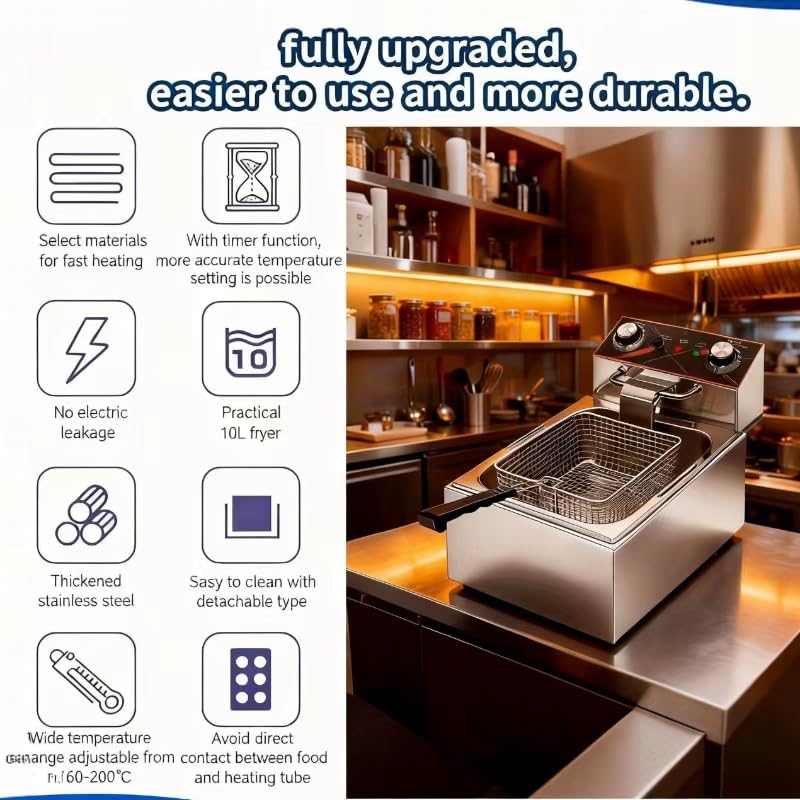 Commercial Deep Fryer with Timer, 10.6QT/10L Electric Countertop Deep Fryer 1800W 110V, Heavy Duty Stainless Steel Small Tank Oil Fryer for Restaurant Food Truck Small Business