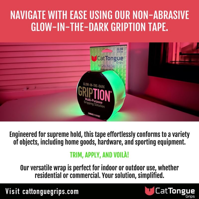 CATTONGUE GRIPS 2" x10' Grip Tape Roll, Non-Abrasive, Waterproof, Glow - color: Glow In The Dark, size: 2" x 10'