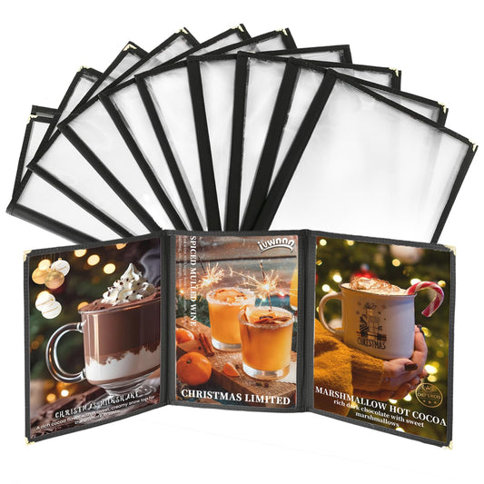 8.5 x 11 Inch Menu Covers 10 Pack Double Stitched Menu Sleeves 3 Pages / 6 Views Menu Holder Crystal Clear Vinyl Protection Easy-Insert Design for Bar Cafe Restaurant Menu Covers - size: 10 Pack (3 Page, 6 View)
