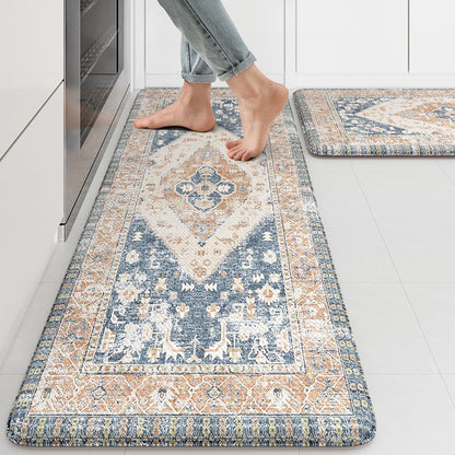 KIMODE Kitchen Rugs and Mats 2PCS Cushioned Anti Fatigue Kitchen Mats Blue - color: Gold Blue, size: 17.3" x 47 "+ 17.3" x 29 "--0.47 inches