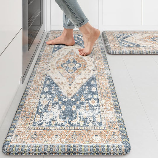 KIMODE Kitchen Rugs and Mats 2PCS Cushioned Anti Fatigue Kitchen Mats Blue - color: Gold Blue, size: 17.3" x 47 "+ 17.3" x 29 "--0.47 inches