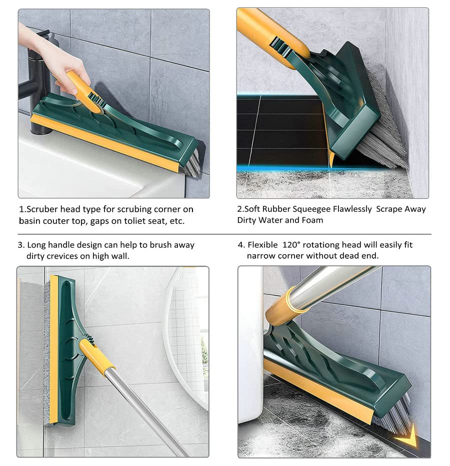 2 in 1 Floor Brush Scrubber with Long Handle Grout Brush 3 Poles 53.5'' New Upgrade Stiff Bristle Cleaning Scrub Brush with Squeegee 120°Rotating Tile Brush for Cleaning Bathroom Glass Patio Kitchen - color: Green