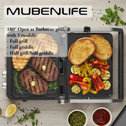 Panini Press,4 Slices Contact Grill with Removable Non-Stick Coated Grill and Flat Plates,Panini Makers with Temperature Control and Timer,Open 180 Degrees,Grill and Griddle (Half black with digital) - color: Half black with digital